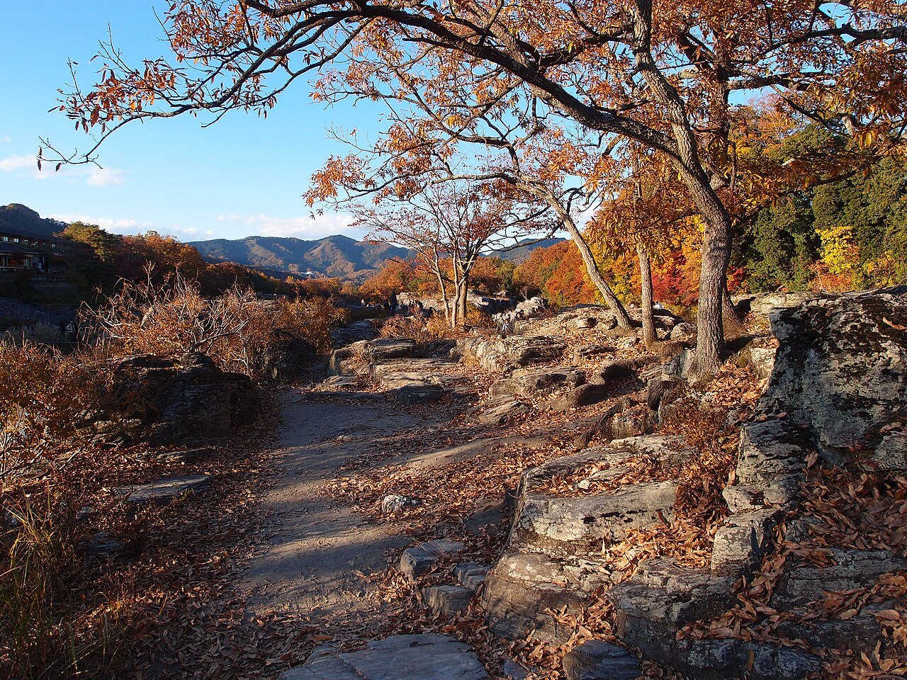 荒川沿いの平らな岩畳と紅葉した木々